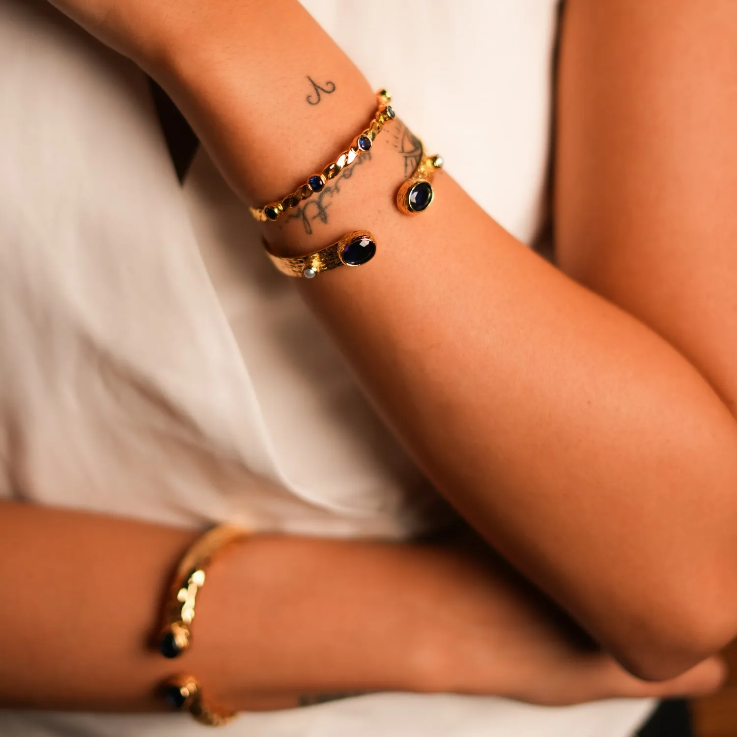 Twisted Sapphire & Gold Dainty Cuff Bracelet