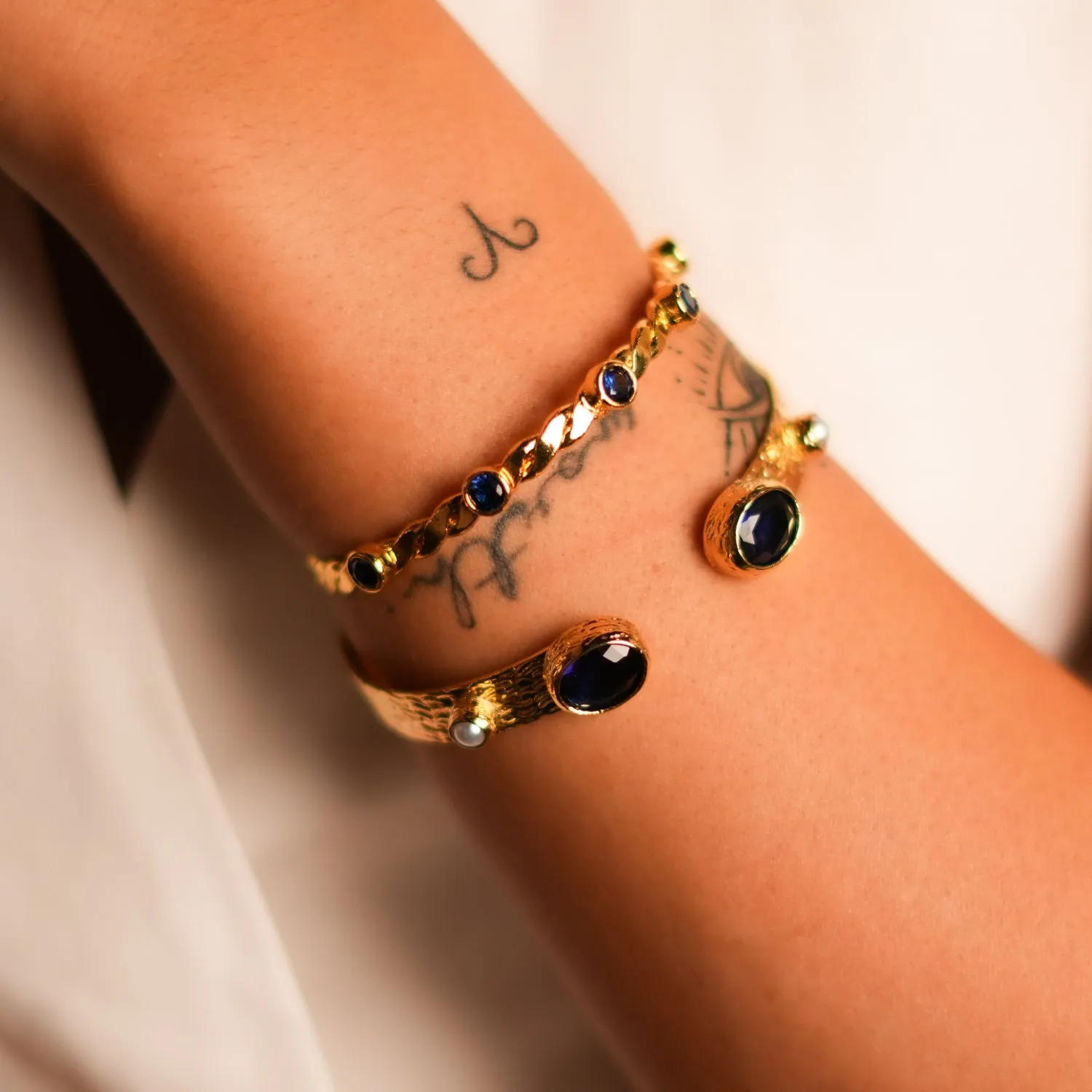 Twisted Sapphire & Gold Dainty Cuff Bracelet