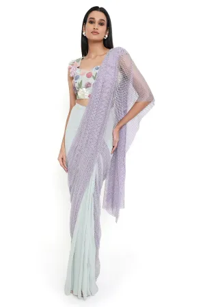 Verona Sea Foam Embroidered Choli And Saree With Purple Mesh Pallu - Ready To Ship