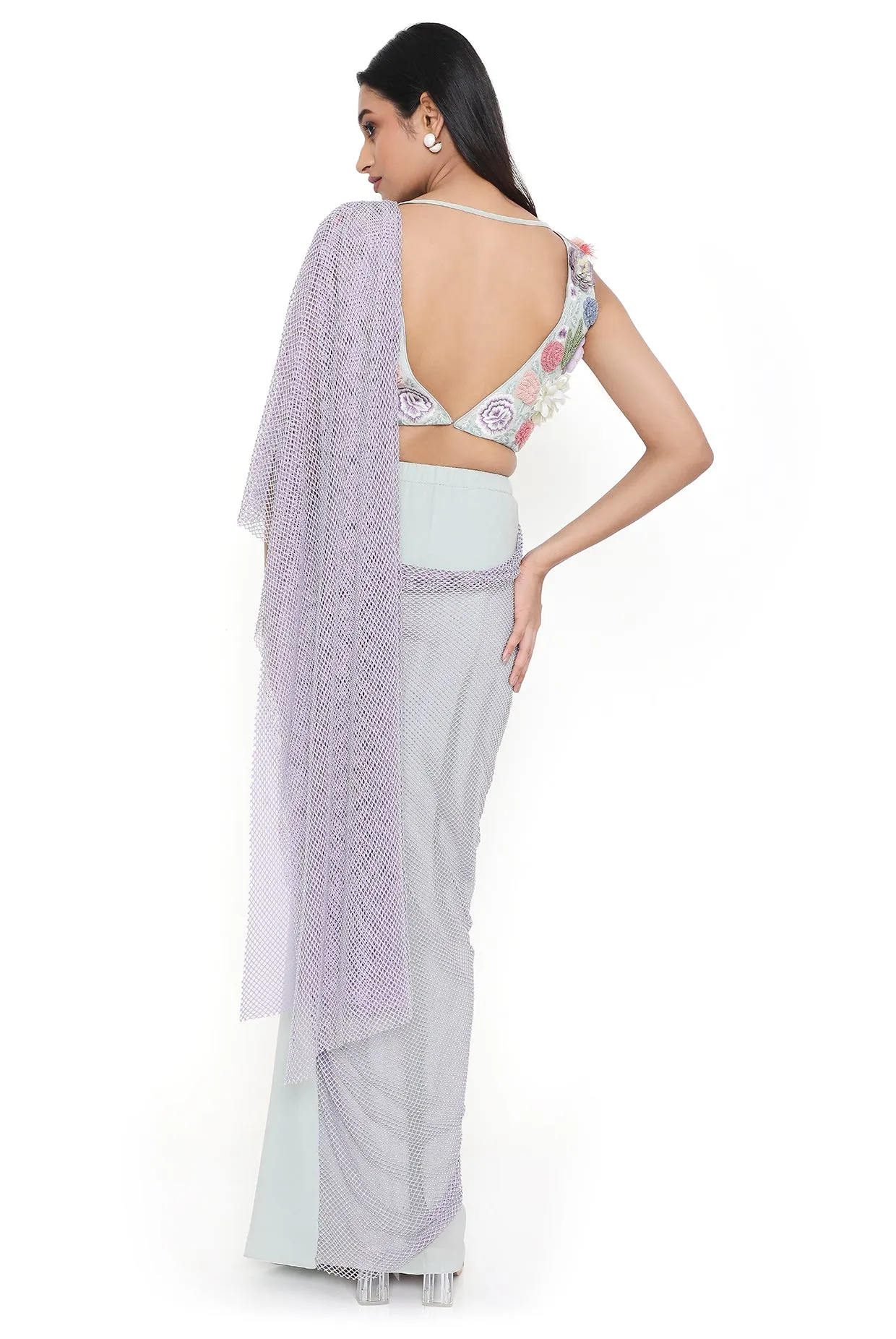 Verona Sea Foam Embroidered Choli And Saree With Purple Mesh Pallu - Ready To Ship