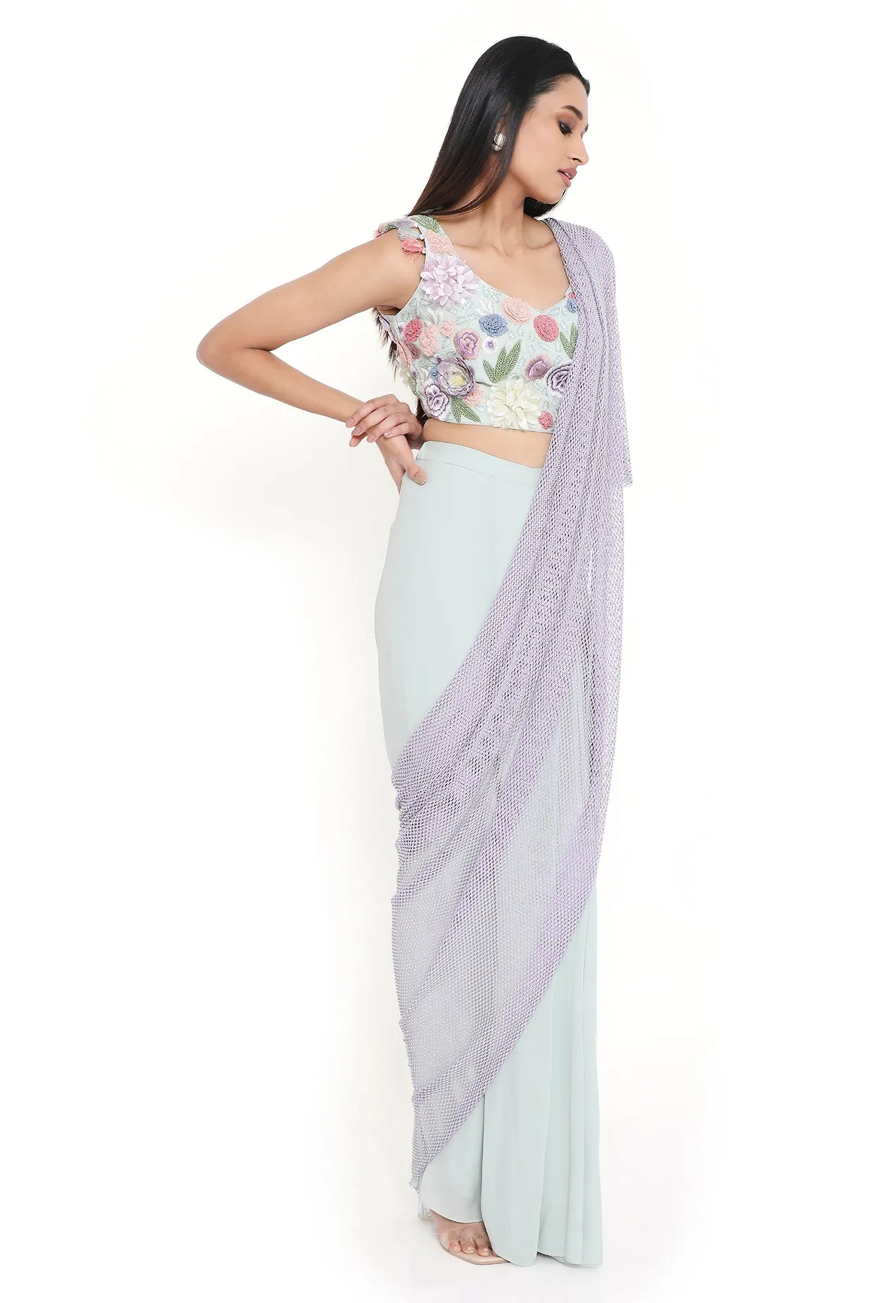 Verona Sea Foam Embroidered Choli And Saree With Purple Mesh Pallu - Ready To Ship