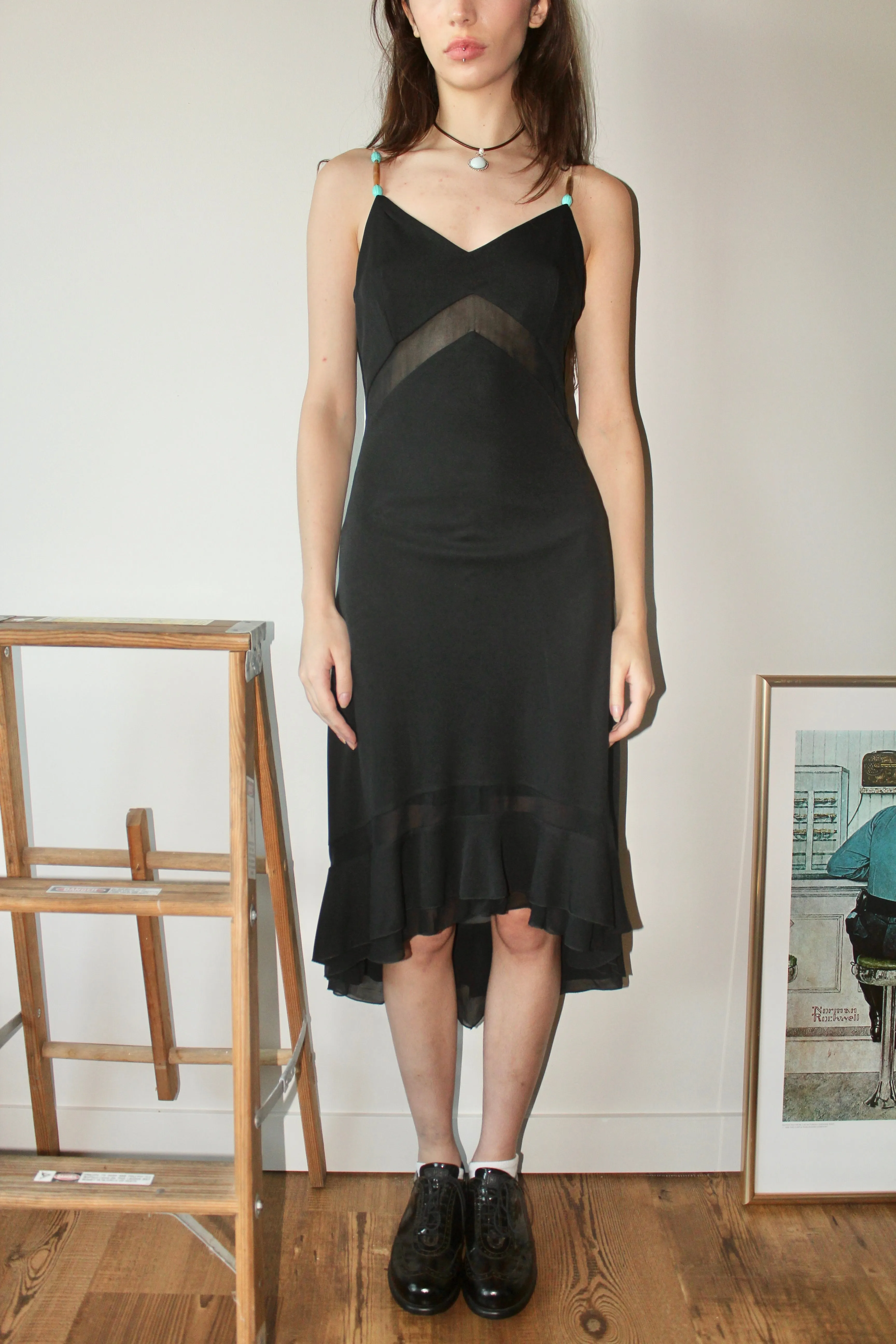 Vintage Beaded Strap Frilled Hem Midi Dress (S)
