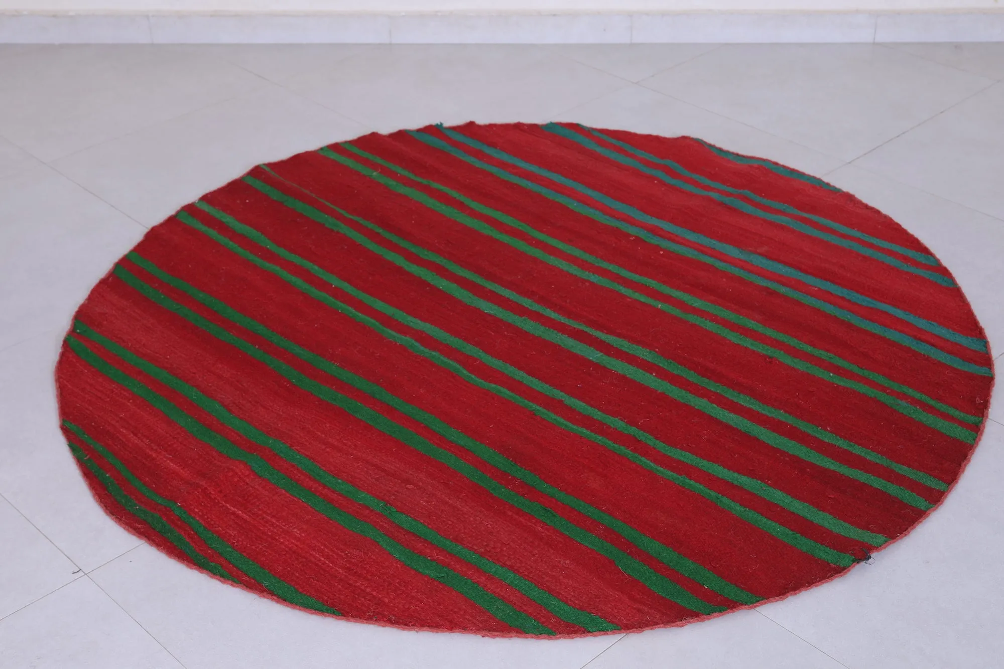 Vintage Handmade Rug 5.1 ft | Red and Green Striped Moroccan Rug