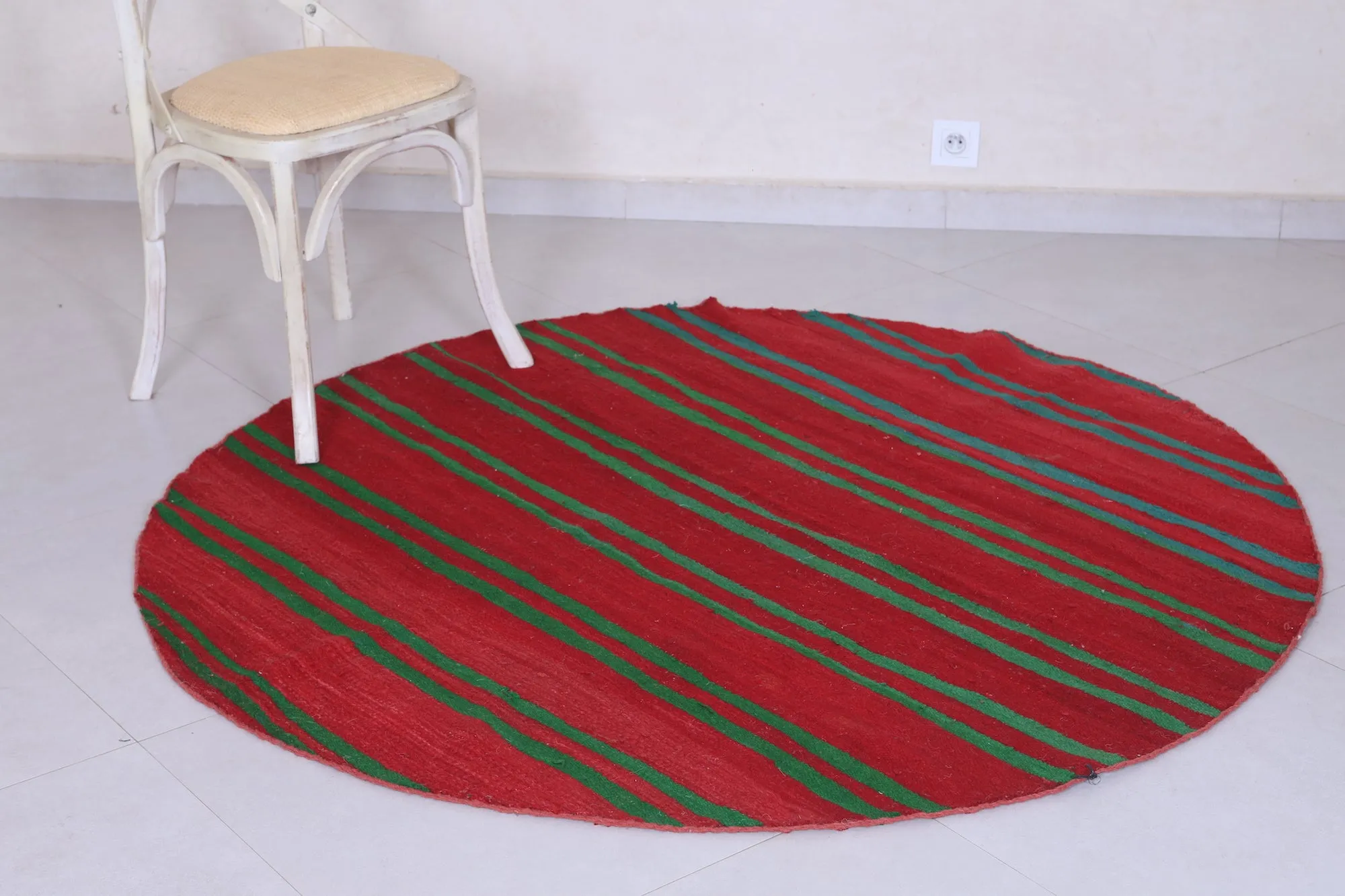 Vintage Handmade Rug 5.1 ft | Red and Green Striped Moroccan Rug