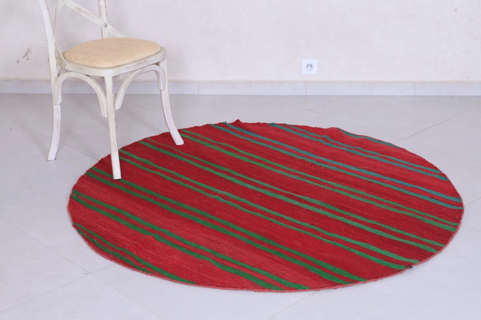 Vintage Handmade Rug 5.1 ft | Red and Green Striped Moroccan Rug