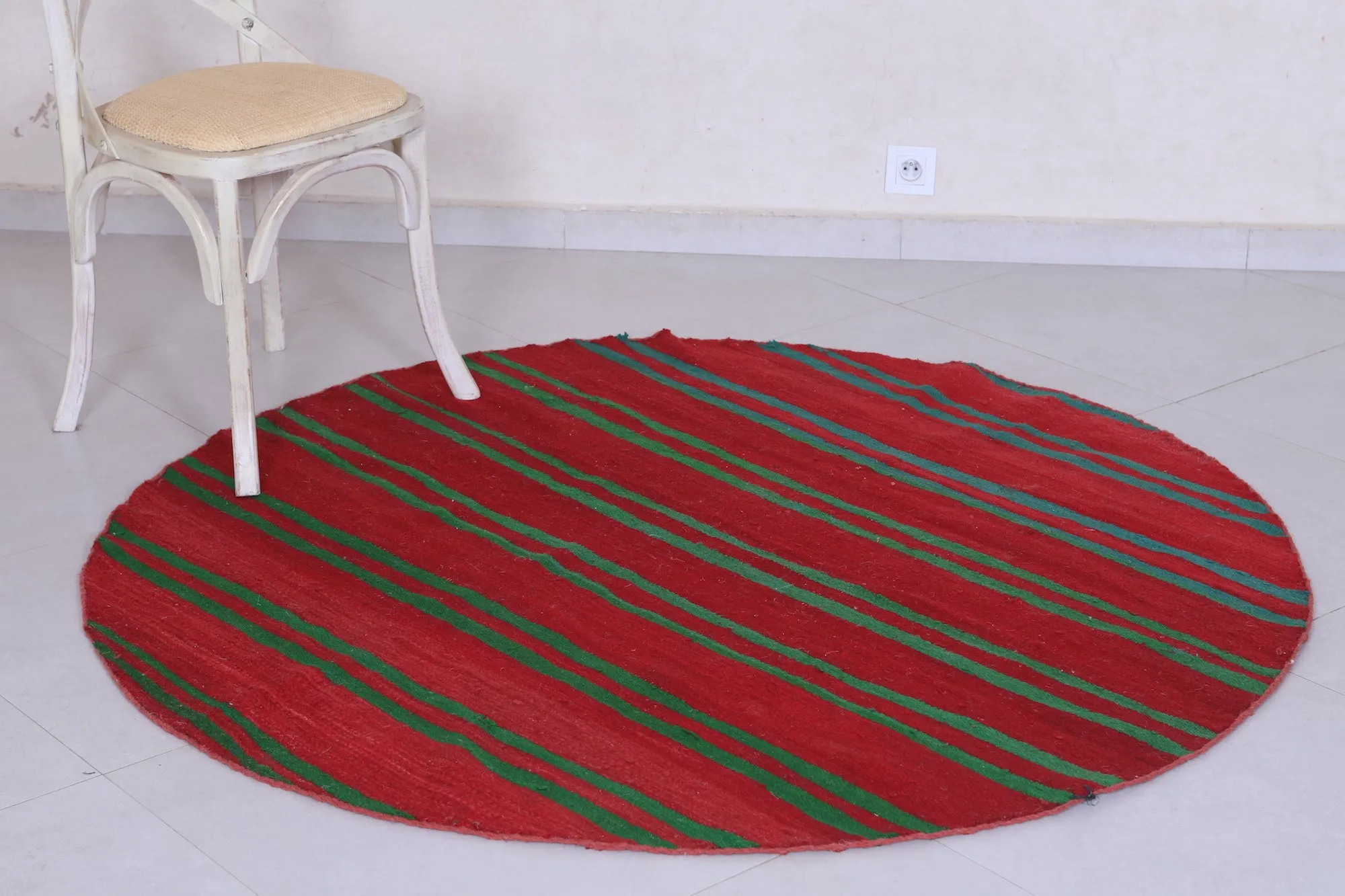 Vintage Handmade Rug 5.1 ft | Red and Green Striped Moroccan Rug