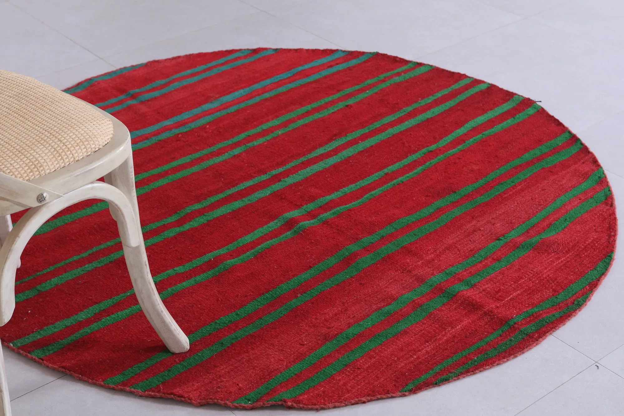 Vintage Handmade Rug 5.1 ft | Red and Green Striped Moroccan Rug
