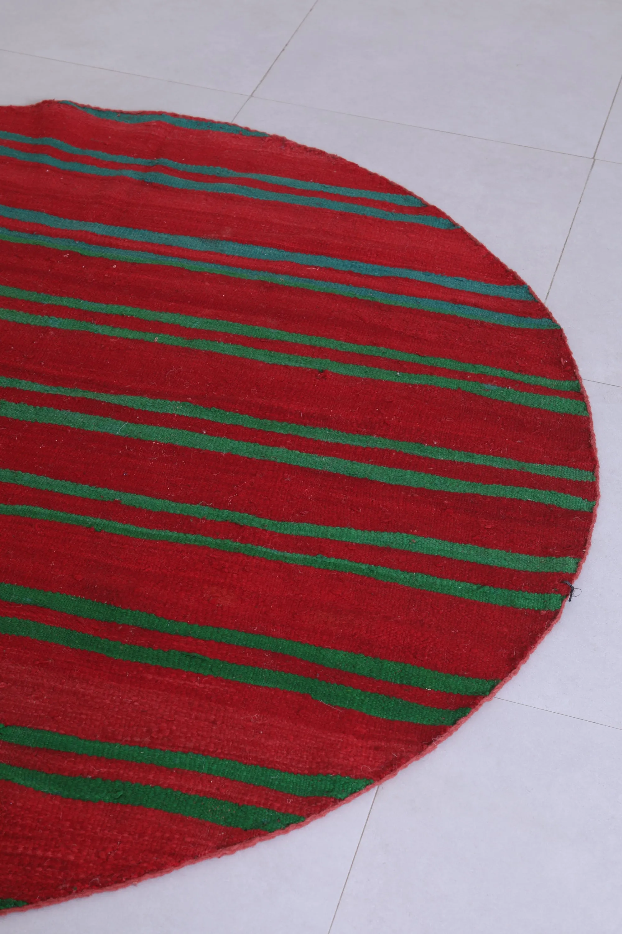 Vintage Handmade Rug 5.1 ft | Red and Green Striped Moroccan Rug