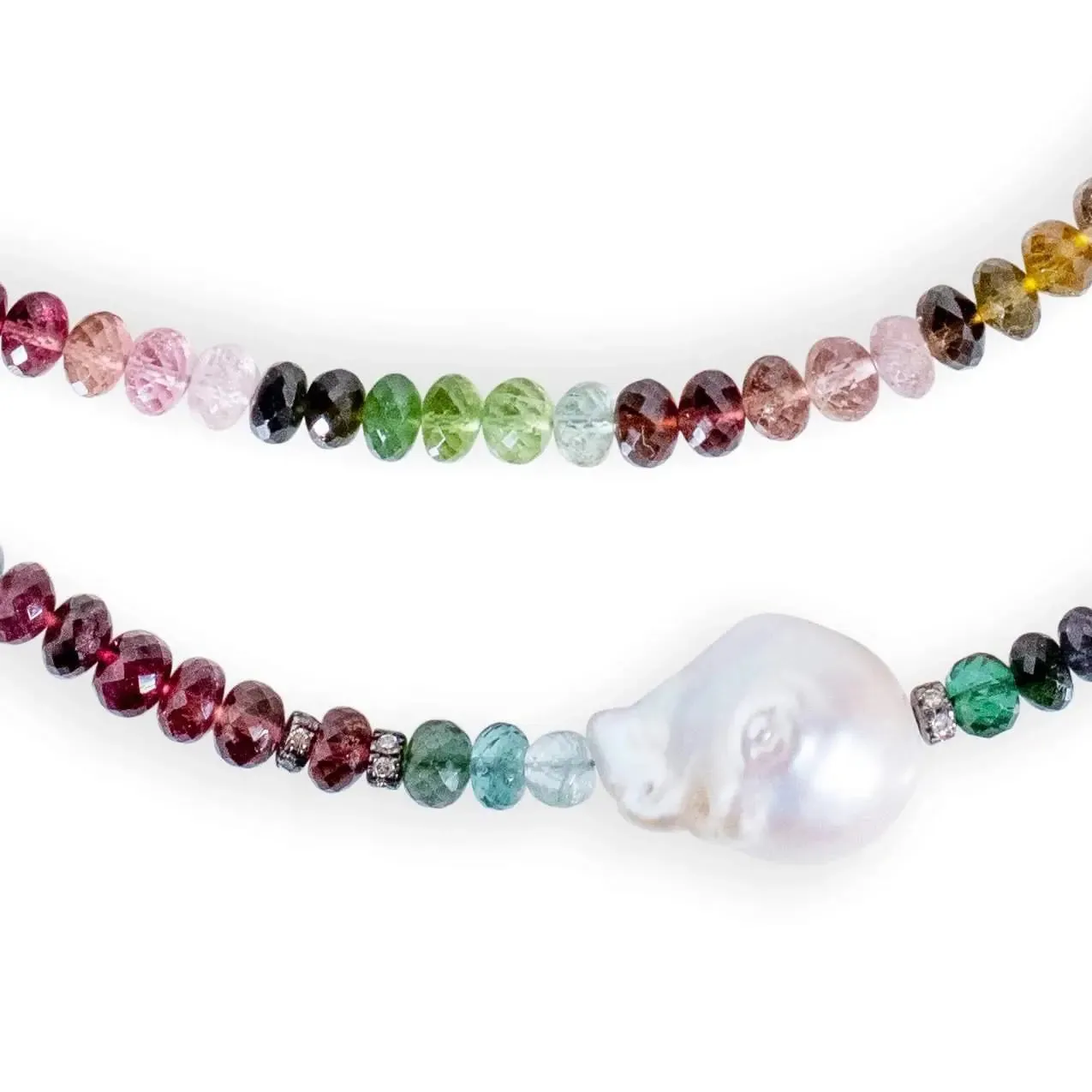 Water Color Tourmaline Diamond Baroque Pearl Necklace