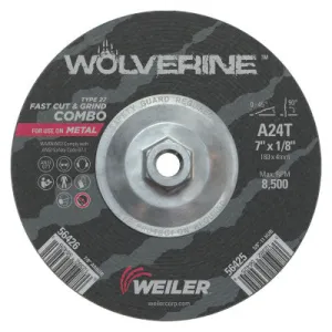 Weiler® Wolverine Combo Wheels, 7 in Dia, 1/8 in Thick, 5/8 in Arbor, 24 Grit, T, 56425