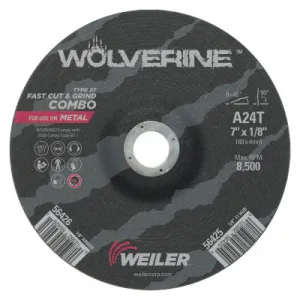 Weiler® Wolverine Combo Wheels, 7 in Dia, 1/8 in Thick, 7/8 in Arbor, 24 Grit, T, 56426
