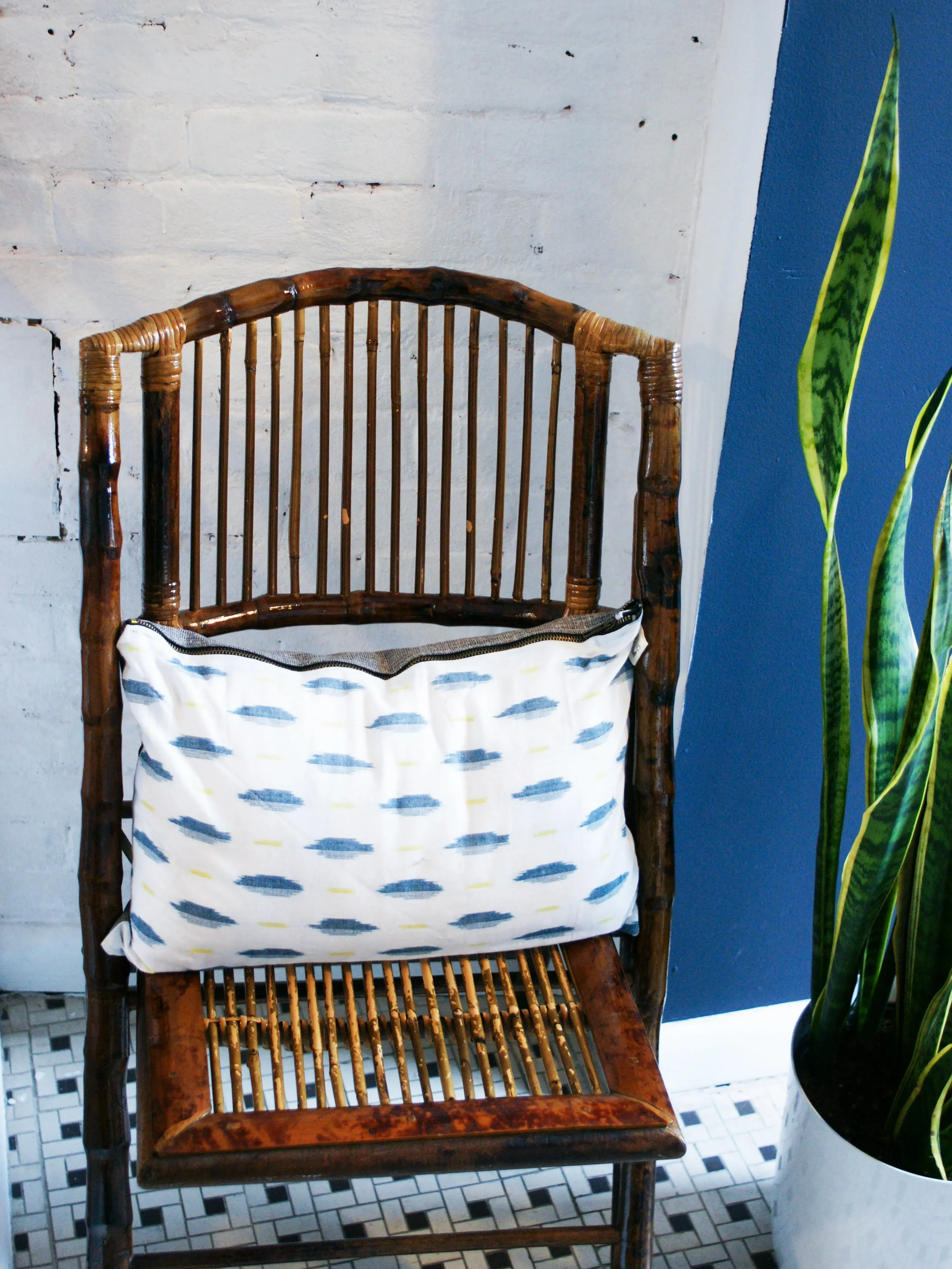 White Green   Yellow Ikat Leaf Lumbar Toss Pillow 12 x 18