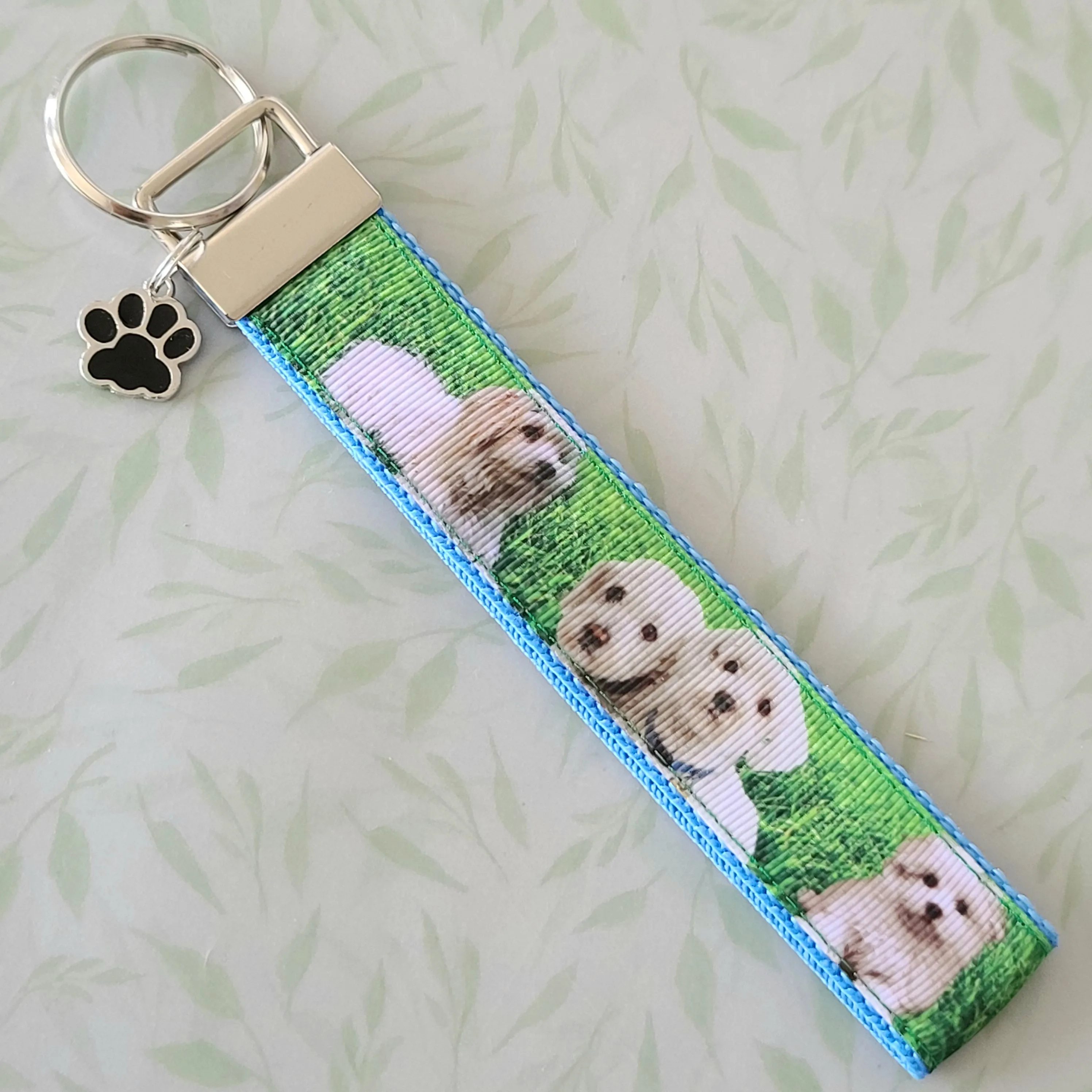 White Puppies Key Chain Fob with Enameled Paw Print Charm