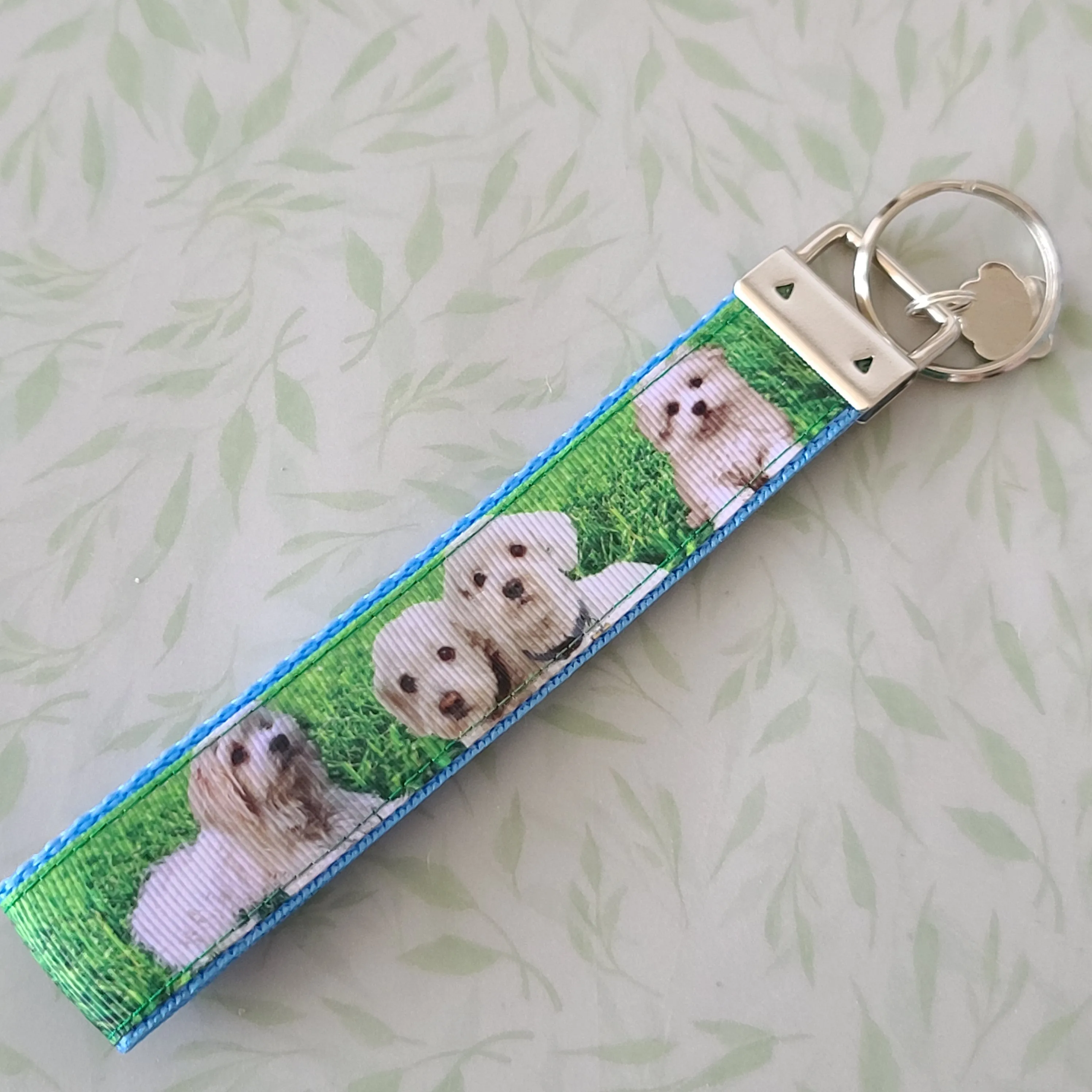 White Puppies Key Chain Fob with Enameled Paw Print Charm