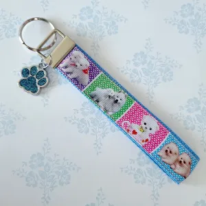 White Samoyed Eskimo White Fluffy Dog & Puppies Key Chain Fob with Enameled Paw Print Charm