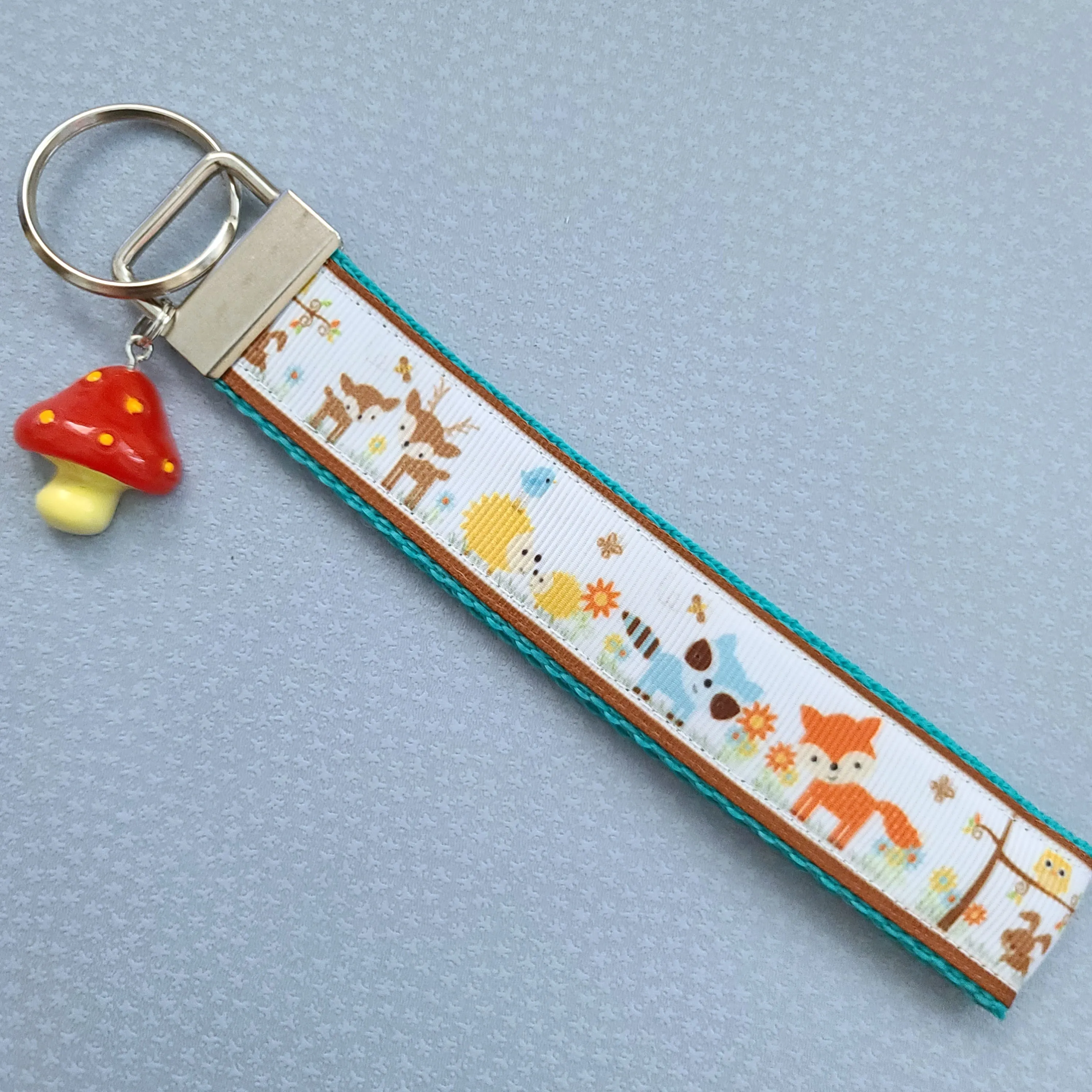 Woodland Animals Fox Bunny Deer Porcupine Owl Racoon Bird Key Chain Fob with Mushroom Charm