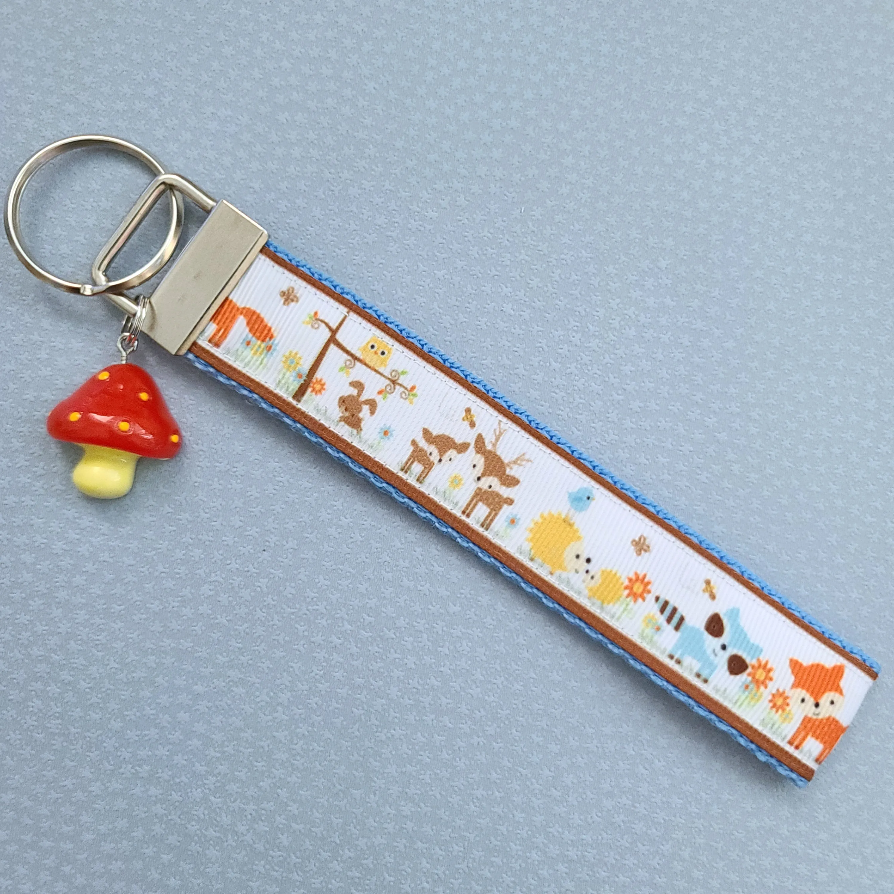 Woodland Animals Fox Bunny Deer Porcupine Owl Racoon Bird Key Chain Fob with Mushroom Charm
