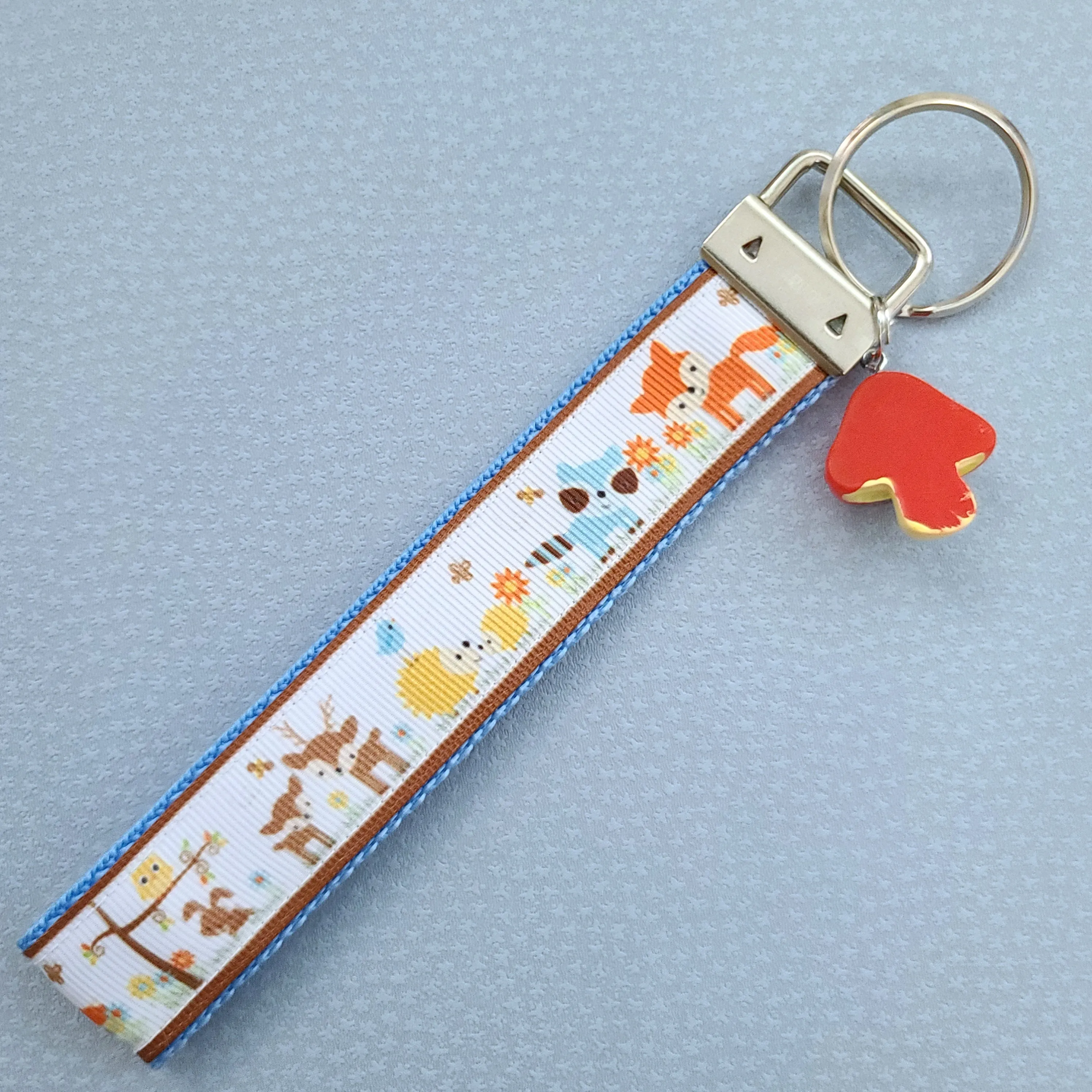 Woodland Animals Fox Bunny Deer Porcupine Owl Racoon Bird Key Chain Fob with Mushroom Charm