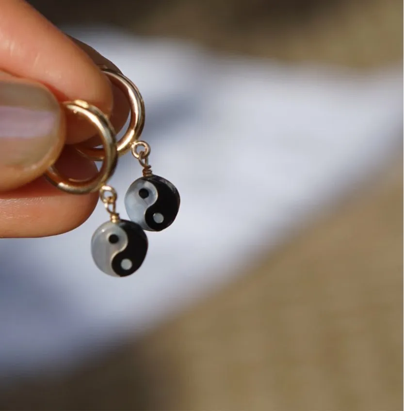 Yin Yang Mother of Pearl Huggie Hoop Earrings