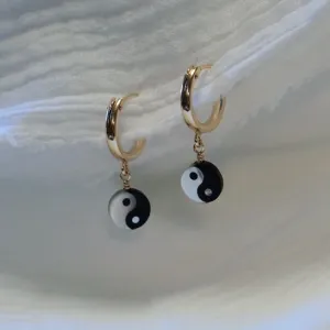 Yin Yang Mother of Pearl Huggie Hoop Earrings